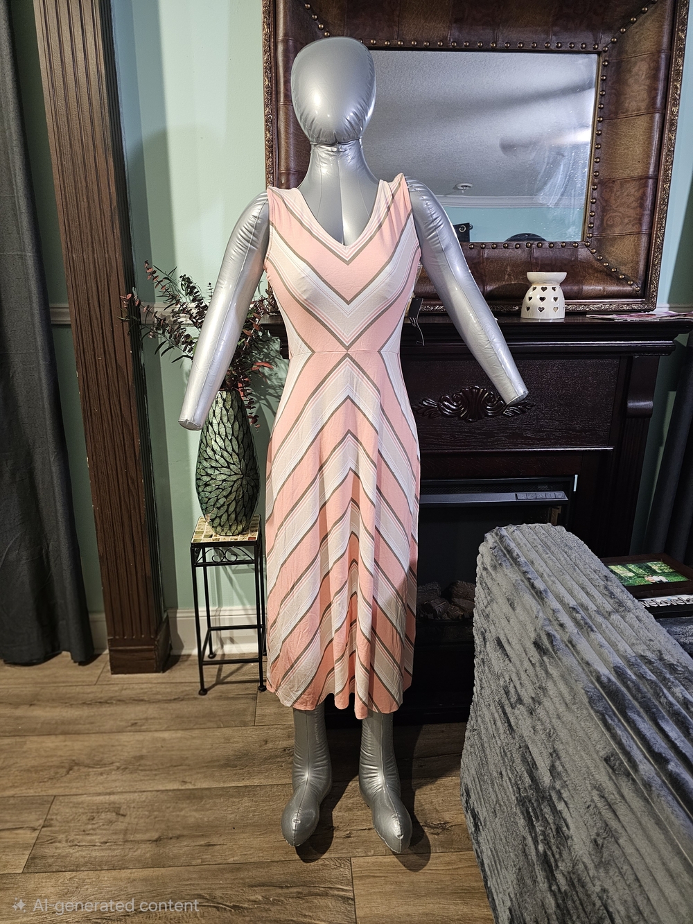 New York & Company Pink Chevron V-Neck Midi Dress